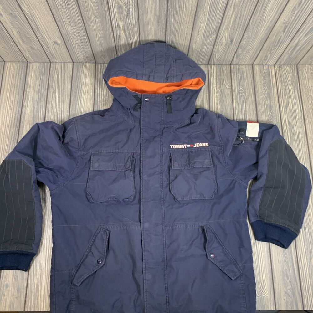 Tommy Hilfiger Men Lg Vintage Parka Fleeced Lined Jacket Navy Retro Designer